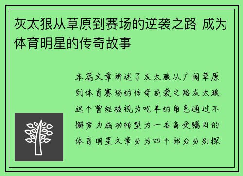灰太狼从草原到赛场的逆袭之路 成为体育明星的传奇故事