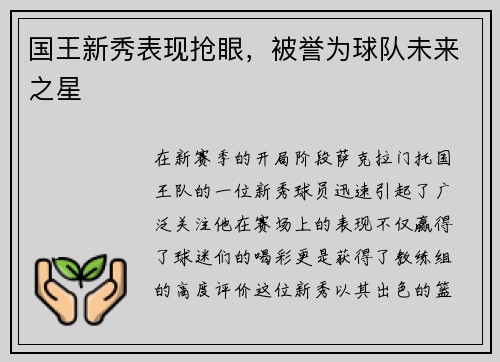 国王新秀表现抢眼，被誉为球队未来之星